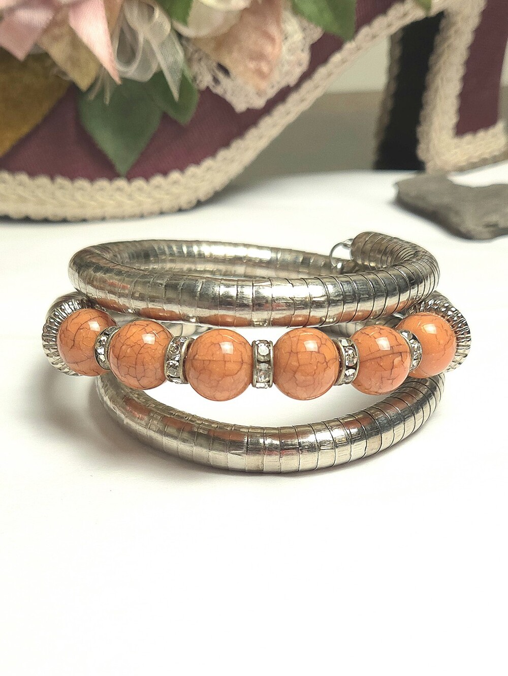 Vintage Orange Beaded Snake Coil Wrap Around Bracelet
